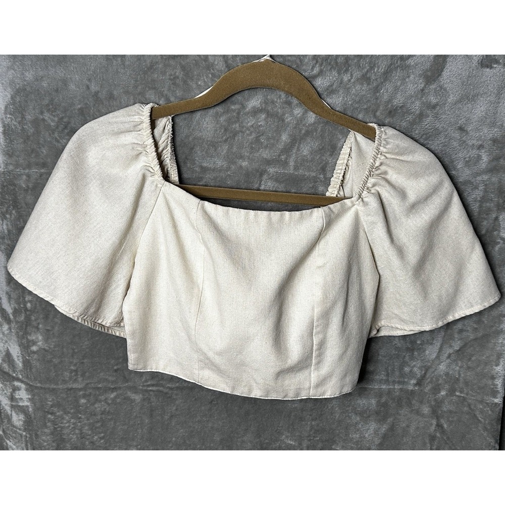 Cream Milkmaid Tie Back Crop‎ Top Linen Blend Puff Sleeve Cottagecore Blouse